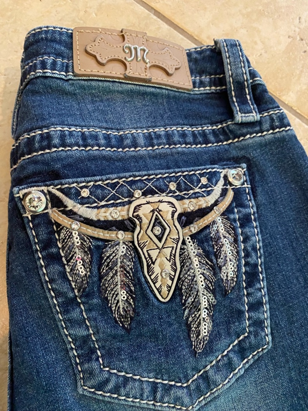 Miss Me Dark Blue Denim Jeans with Embellished Steer Skull Pocket